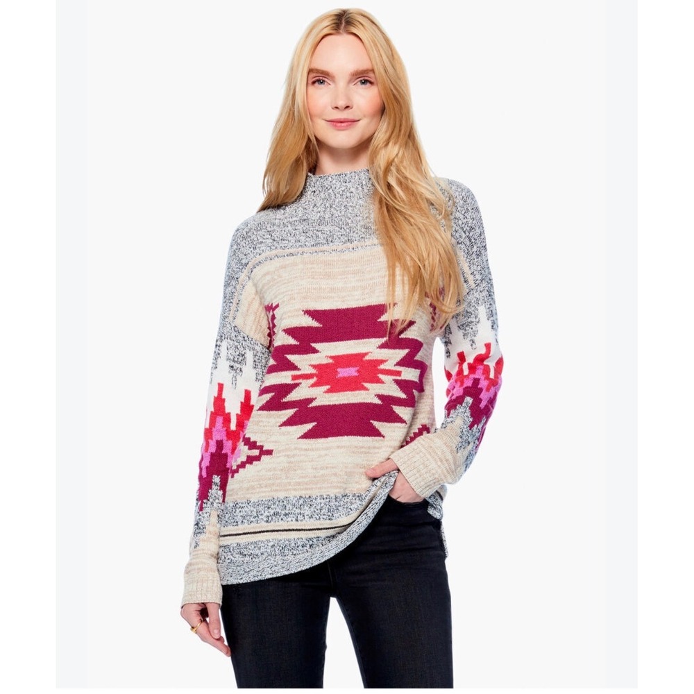 NIC+ZOE Womens Pink Grey artsy Southwestern Mock Neck Aztec Knit Sweater Small